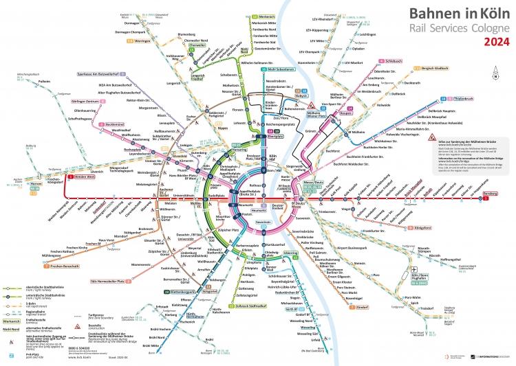 Liniennetzplan: Bahnen in Kln - mit Sperrung der Mlheimer Brcke